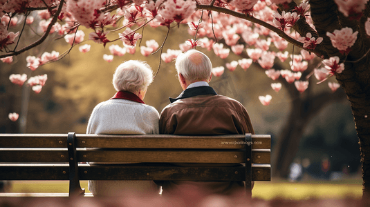 重阳节车摄影照片_坐在公园长椅上的老年夫妇