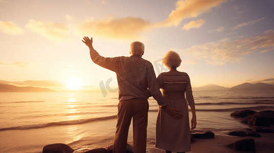 重阳节摄影照片_海边散步的老年夫妇