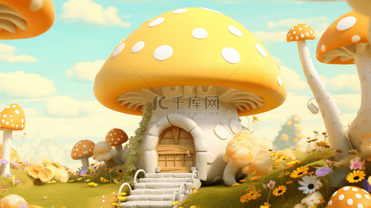 黄色立体背景图片_丰收助农秋天农产品3d蘑菇屋立体创意直播