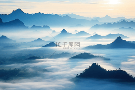 油画万里长城背景图片_薄雾山脉万里江山日出6