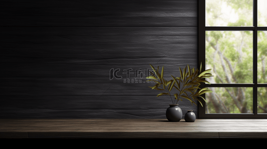 木桌盆栽背景图片_窗边的黑色墙和木桌背景8