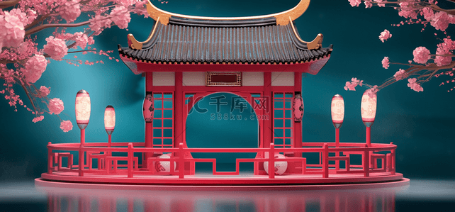 建筑红背景图片_中国风中式建筑立体电商展台
