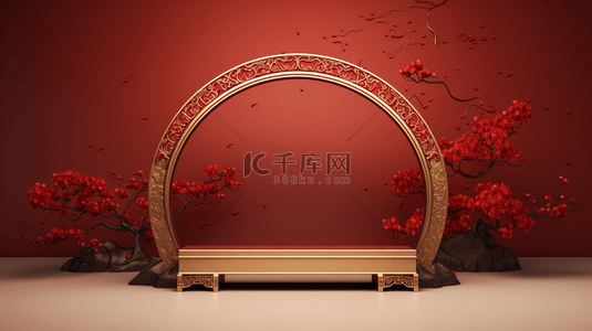 中国风山水红色背景图片_中国风金红色圆拱门戏台背景10