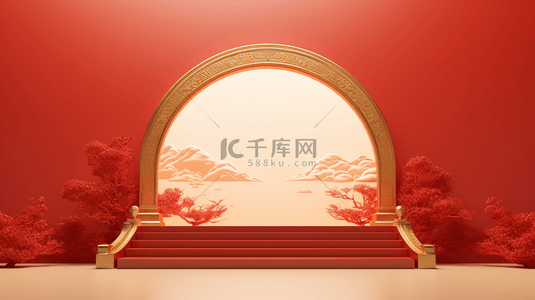 中国风拱门背景图片_中国风金红色圆拱门戏台背景9