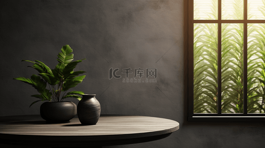 清新家居设计背景图片_窗边的黑色墙和木桌背景2