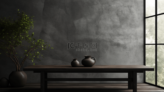 木桌盆栽背景图片_窗边的黑色墙和木桌背景5