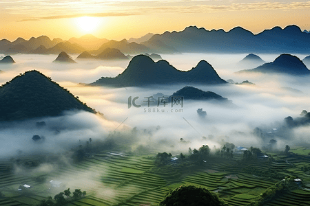 山日出背景图片_薄雾山脉万里江山日出17