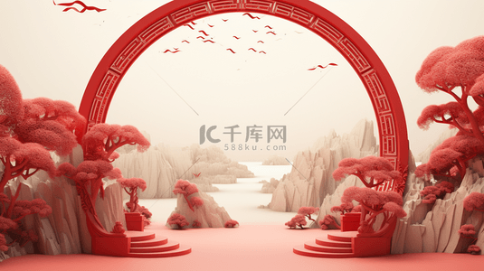 中国风金红色圆拱门戏台背景3