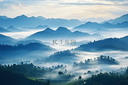 油画万里长城背景图片_薄雾山脉万里江山日出11