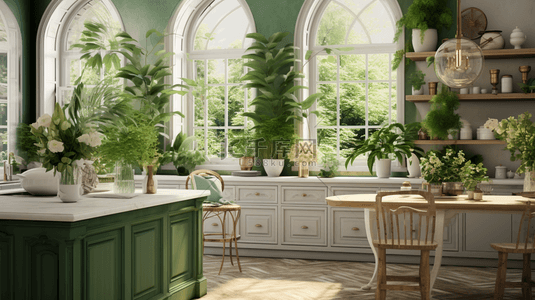 清新绿色厨房室内空间场景3