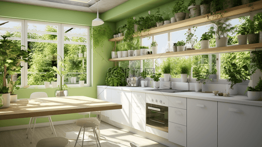 绿色清新设计背景图片_清新绿色厨房室内空间场景