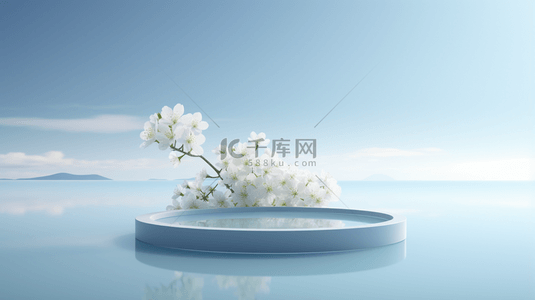 海边简约背景图片_白色鲜花旁的圆形展示台电商背景15