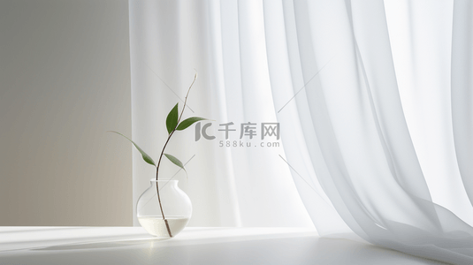 文艺白背景图片_窗边的白色窗帘与盆栽简约背景8