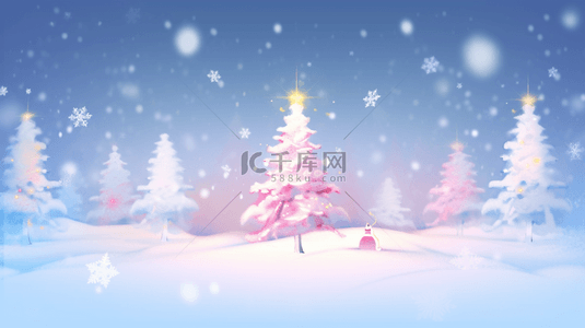 圣诞松树雪花背景图片_清新唯美蓝粉色圣诞树圣诞节背景