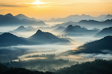 万里长城素描背景图片_薄雾山脉万里江山日出12