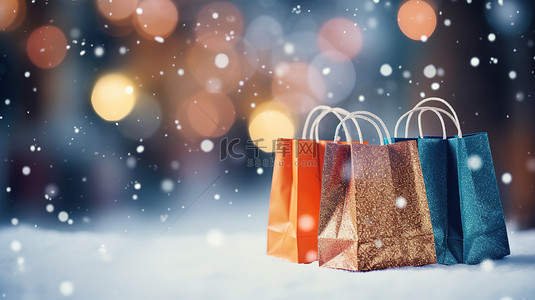 消费节背景图片_购物袋冬天雪景购物节1