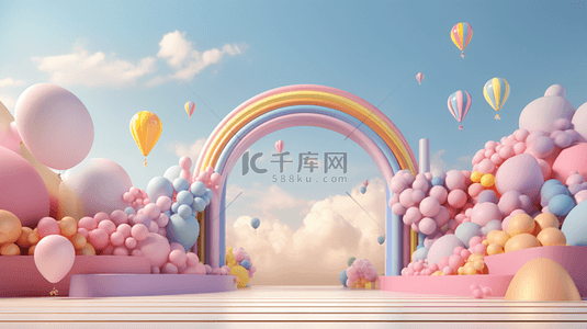 撸串艺术字背景图片_3D母婴用品彩虹气球电商产品展台