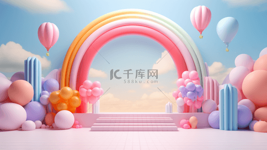 彩虹门背景图片_蓝粉色3D母婴用品彩虹气球电商产品展台