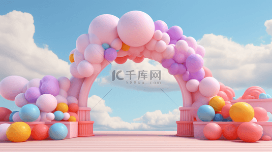卡通电商促销背景图片_3D母婴用品彩虹气球电商产品展台