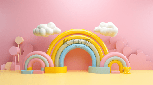 展台背景图片_粉黄色3D母婴用品彩虹气球电商产品展台
