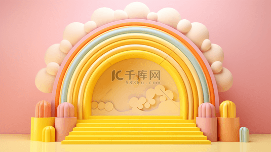 彩虹门背景图片_粉黄色3D母婴用品彩虹气球电商产品展台