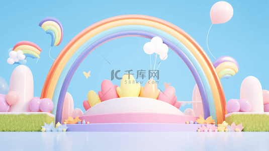 双十二背景图片_蓝粉色3D母婴用品彩虹气球电商产品展台