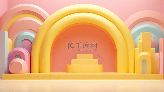 彩虹门背景图片_粉黄色3D母婴用品彩虹气球电商产品展台