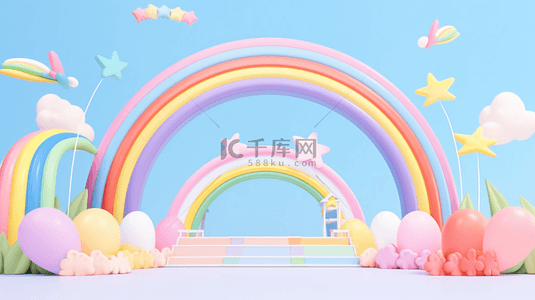 彩虹门背景图片_蓝粉色3D母婴用品彩虹气球电商产品展台