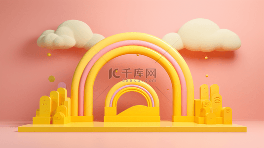 卡通电商促销背景图片_粉黄色3D母婴用品彩虹气球电商产品展台