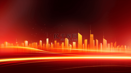 商务科技线条城市背景图片_金色抽象科技透视线条城市剪影红色背景1