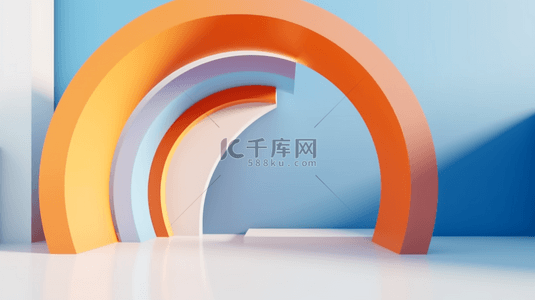 3D蓝橙色透亮玻璃质感半圆拱形电商展台