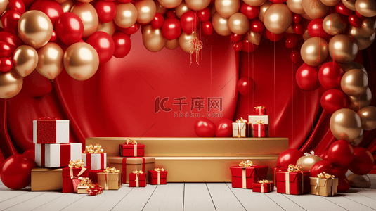 球电背景图片_喜庆红色圣诞节拱形气球电商展台