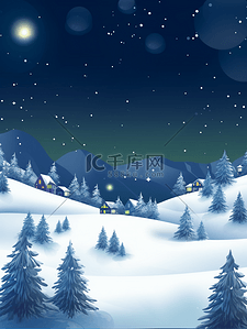 小村庄背景背景图片_冬季圆月星空下的雪山小村庄背景1