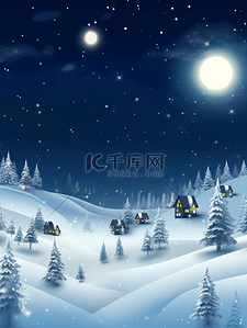 小村庄背景背景图片_冬季圆月星空下的雪山小村庄背景4