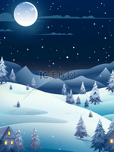 冬季圆月星空下的雪山小村庄背景12