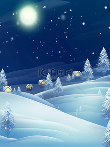 雪山星空背景图片_冬季圆月星空下的雪山小村庄背景17