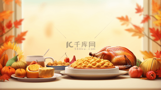 一落叶背景图片_一桌丰盛的烤火鸡美食感恩节背景1