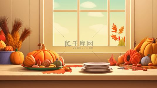 感恩节亲子背景图片_南瓜蔬果美食装饰的感恩节背景16