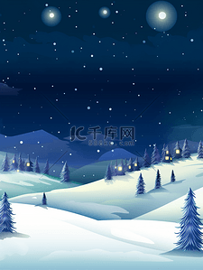 冬季圆月星空下的雪山小村庄背景5