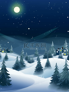 冬季圆月星空下的雪山小村庄背景19