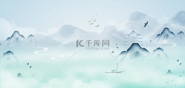 中国风水墨山水蓝色古风意境背景