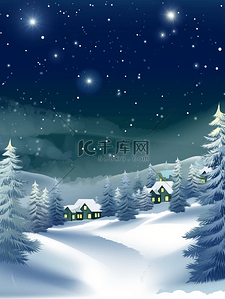 星空下的背景图片_冬季圆月星空下的雪山小村庄背景10