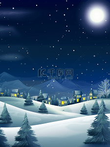 冬季圆月星空下的雪山小村庄背景7