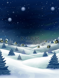 小村庄背景背景图片_冬季圆月星空下的雪山小村庄背景2