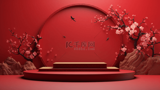 购物装饰背景图片_C4D中国红梅花装饰的电商展示台背景4
