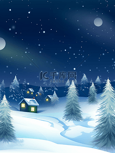 冬季圆月星空下的雪山小村庄背景13