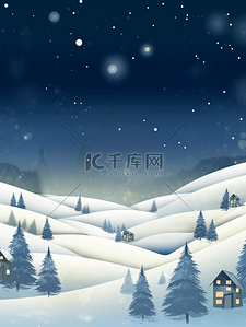 雪地上森林小村庄的夜空背景3