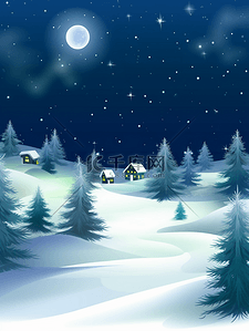小村庄背景背景图片_雪地上森林小村庄的夜空背景7