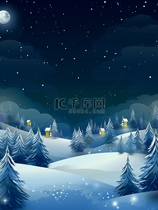 雪地上森林小村庄的夜空背景4