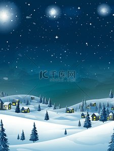 雪地上森林小村庄的夜空背景2